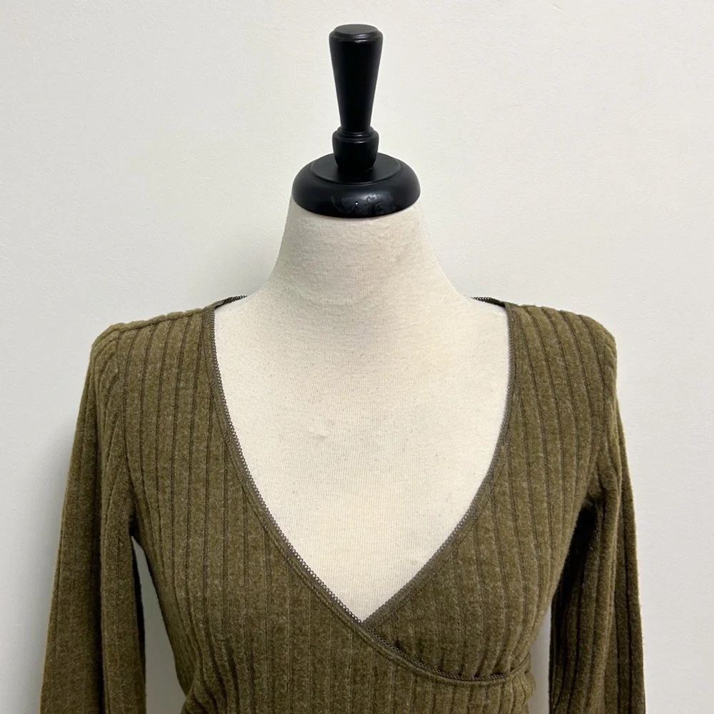 Out From Under Olive Green Lila Ribbed Faux Wrap Brushed V Neck Lounge Top NWT